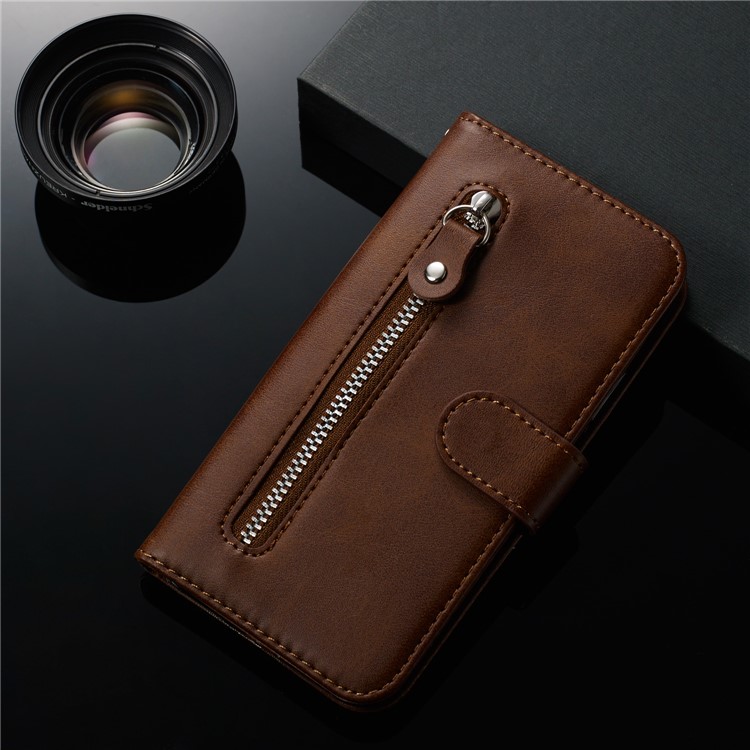 Zipper Pocket PU Leather Wallet Case for Samsung Galaxy A10s - Brown-11