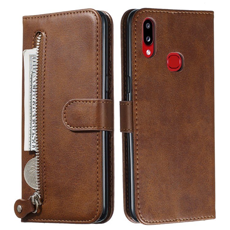 Zipper Pocket PU Leather Wallet Case for Samsung Galaxy A10s - Brown-4