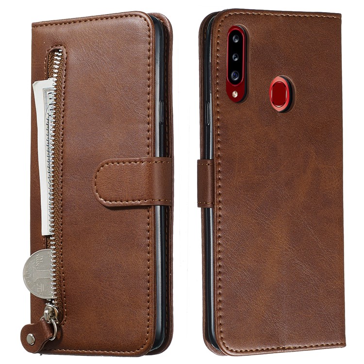 Zipper Pocket Wallet Stand Flip Leather Phone Protective Cover for Samsung Galaxy A20s - Brown-4