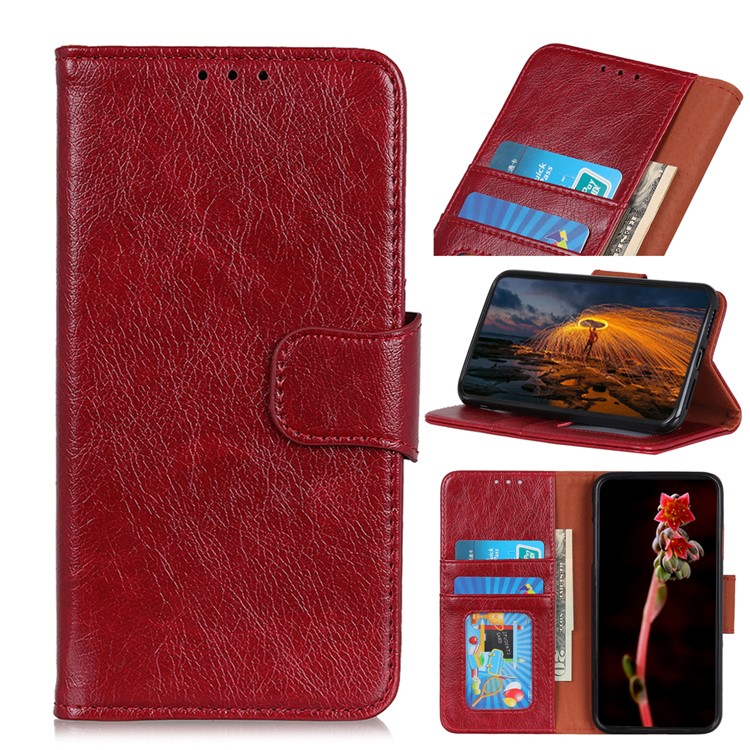 Nappa Carteira De Couro Shell Tampa Textura Divisão Suporte Do Telefone Para Samsung Galaxy A51 - Vermelho-1