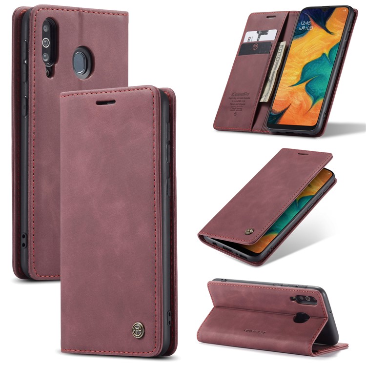 CASEME 013 Series Auto-absorbed Leather Wallet Protective Case for Samsung Galaxy M30/A40s - Wine Red-1