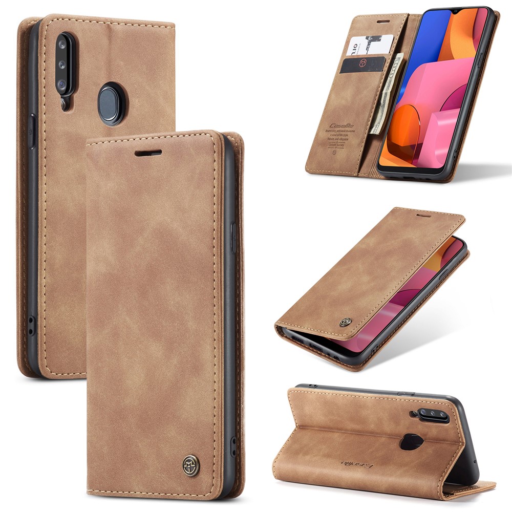 Serie Caseme 013 Case de Billetera de Cuero Absorbido Automáticamente Con Soporte Para Samsung Galaxy A20s - Marrón