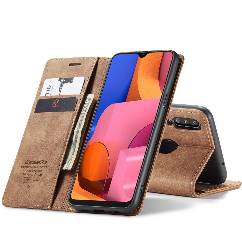 CASEME 013 Serio Auto Absorvido Caixa de Carteira de Couro Com Stand For Samsung Galaxy A20s - Castanho