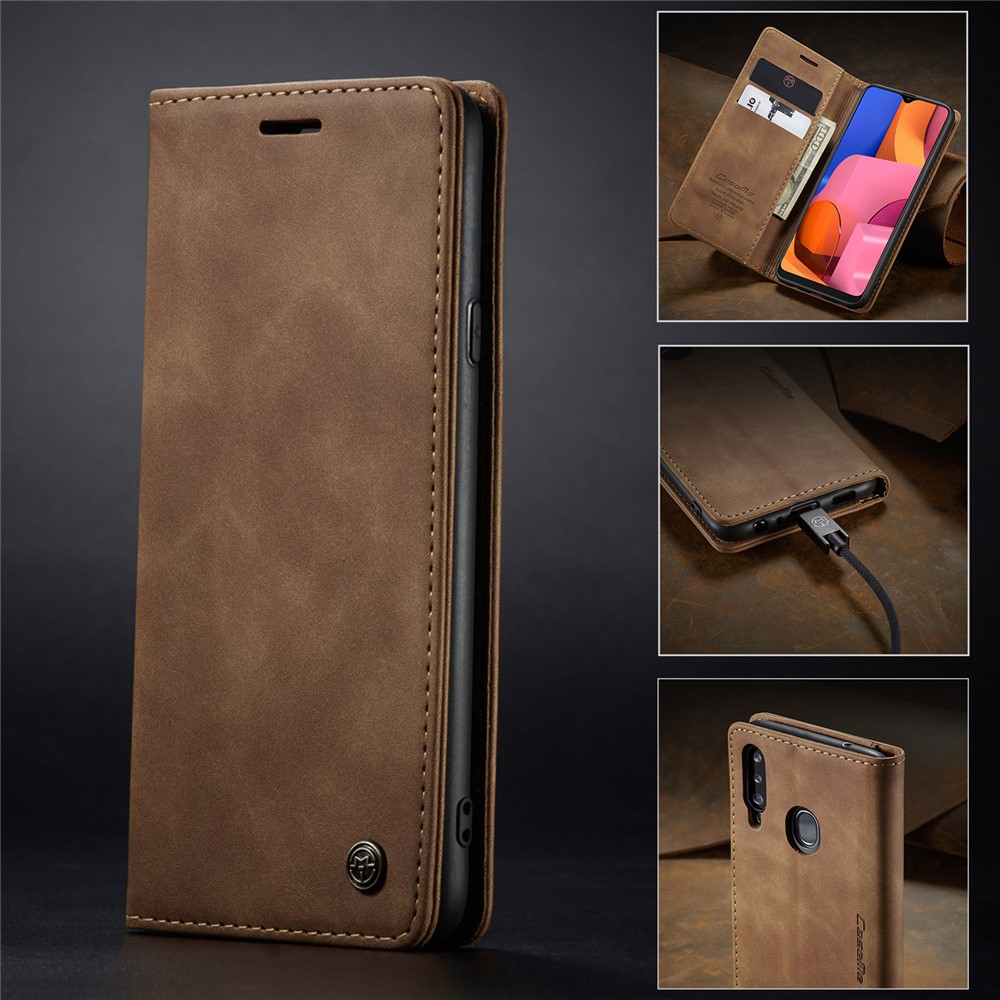 Serie Caseme 013 Case de Billetera de Cuero Absorbido Automáticamente Con Soporte Para Samsung Galaxy A20s - Marrón