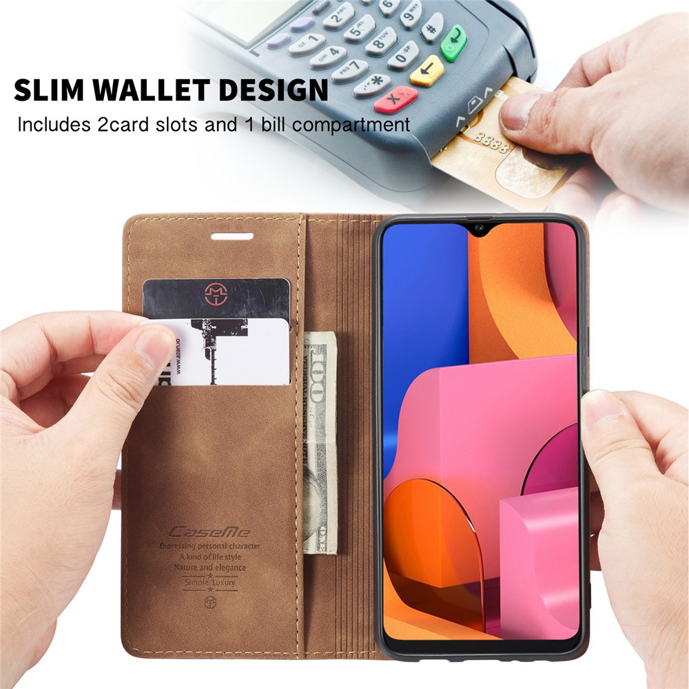 Serie Caseme 013 Case de Billetera de Cuero Absorbido Automáticamente Con Soporte Para Samsung Galaxy A20s - Marrón