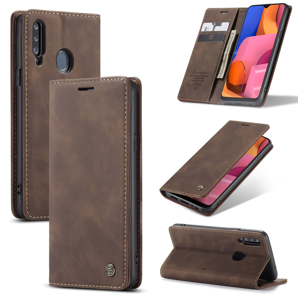 Serie Caseme 013 Case de Billetera de Cuero Absorbido Automáticamente Con Soporte Para Samsung Galaxy A20s - Café