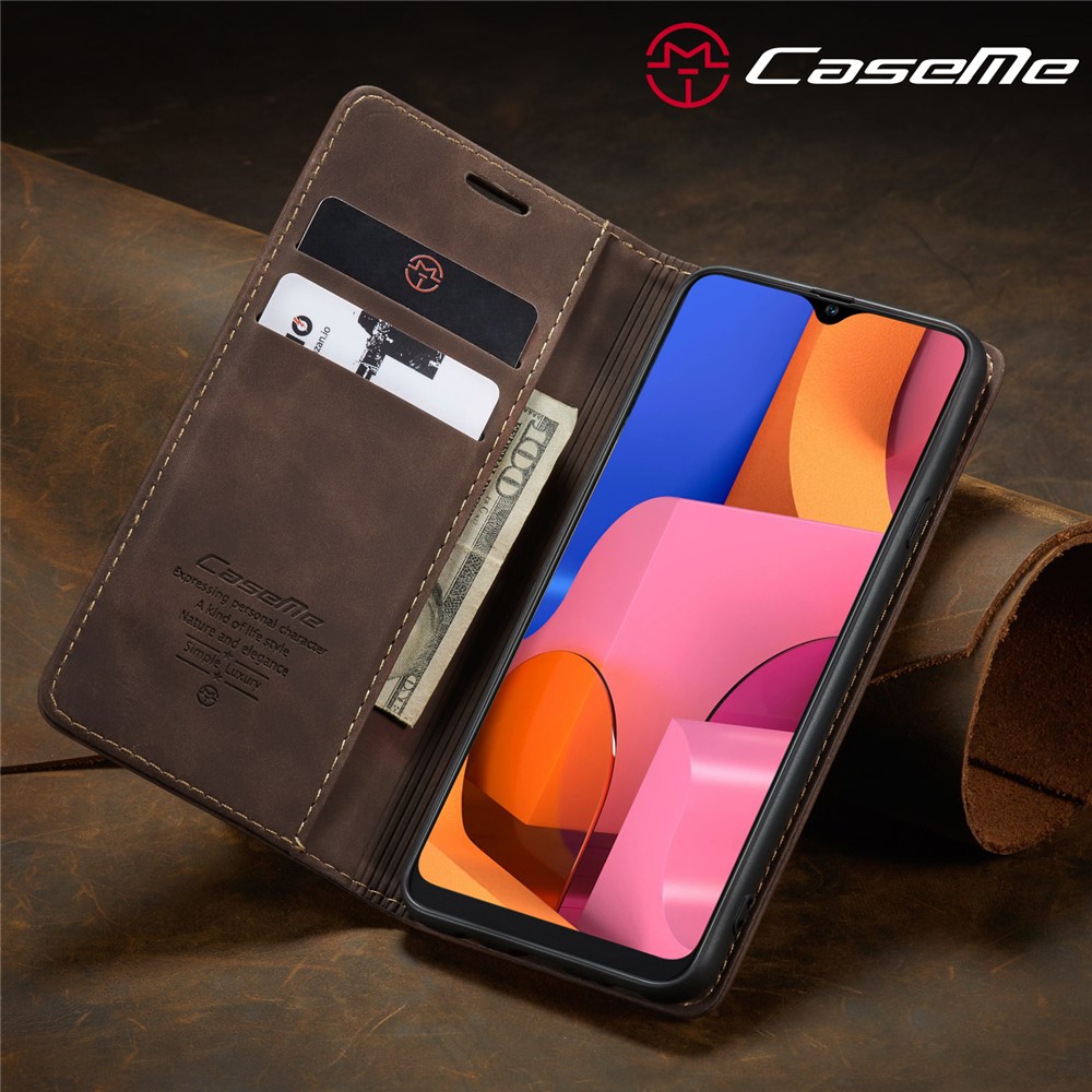 CASEME 013 Serio Auto Absorvido Caixa de Carteira de Couro Com Stand For Samsung Galaxy A20s - Café