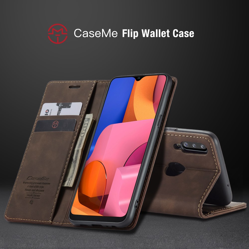 Serie Caseme 013 Case de Billetera de Cuero Absorbido Automáticamente Con Soporte Para Samsung Galaxy A20s - Café