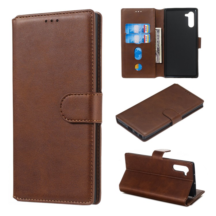 Classic Leather Wallet Stand Phone Casing for Samsung Galaxy Note 10/Note 10 5G - Brown