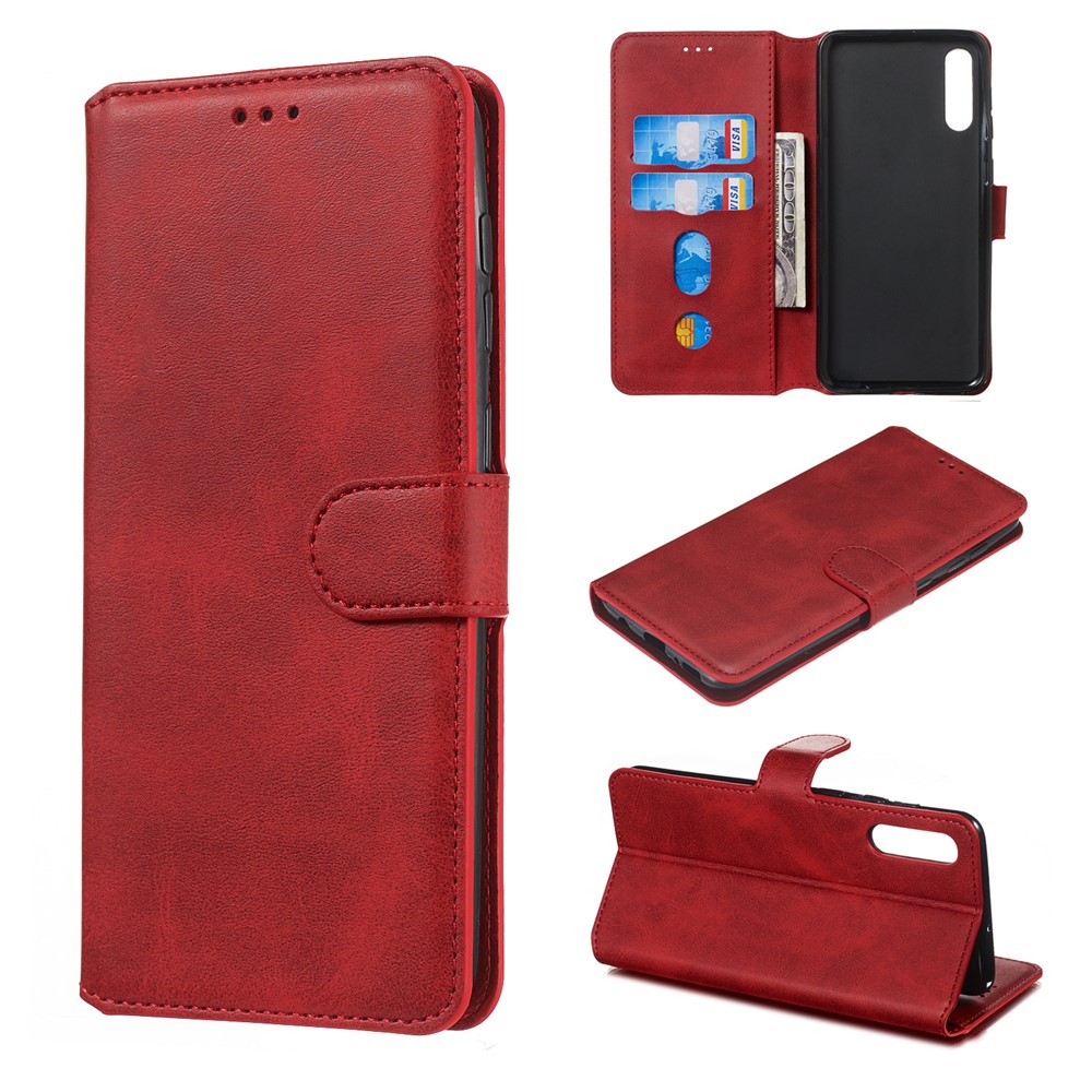 Classic Wallet Leather Stand Mobile Phone Casing for Samsung Galaxy A70/A70s - Red
