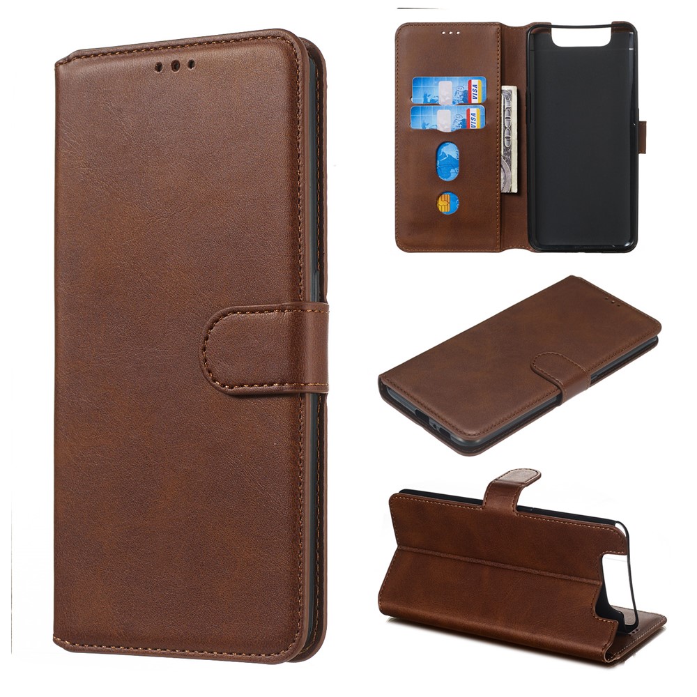 Classic Wallet Leather Stand Phone Cover Casing for Samsung Galaxy A80/A90 - Brown