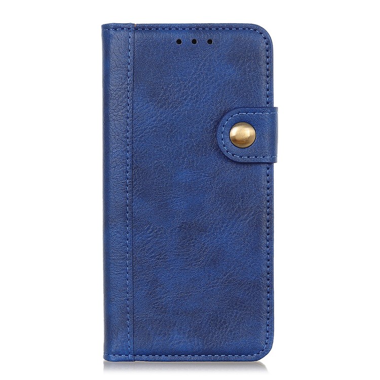 Single Brass Button Litchi Skin Leather Phone Cover for Samsung Galaxy S20 Plus - Dark Blue-2
