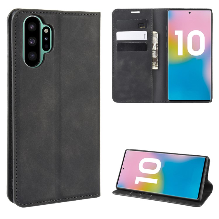 Auto-absorbed Vintage Leather Wallet Cover for Samsung Galaxy Note 10 Plus 5G/Note 10 Plus - Black-1