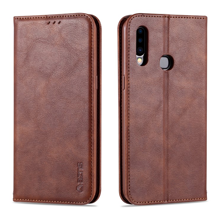 AZNS Leather Stand Case with Card Slots for Samsung Galaxy A20s - Coffee-1
