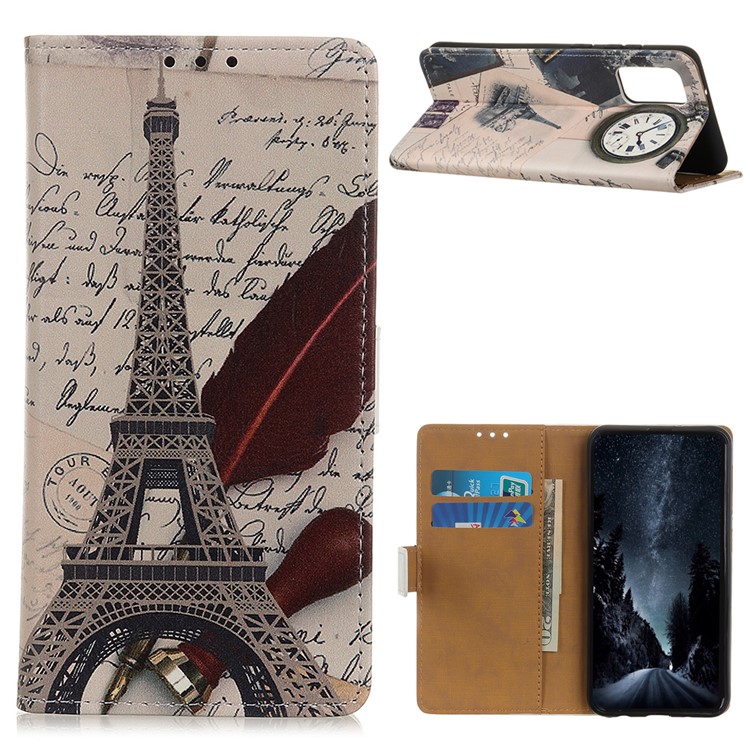 Pattern Printing PU Leather Wallet Stand Phone Case for Samsung Galaxy S20 Plus - Eiffel Tower and Letters-1