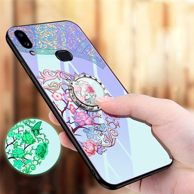 Luminous Tempered Glass PC + TPU Hybrid Back Case with Kickstand for Samsung Galaxy A10s - Flowers-1