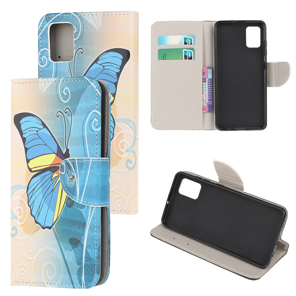 For Samsung Galaxy A51 Pattern Printing Wallet Stand PU Leather Mobile Shell Case - Blue Butterfly-1