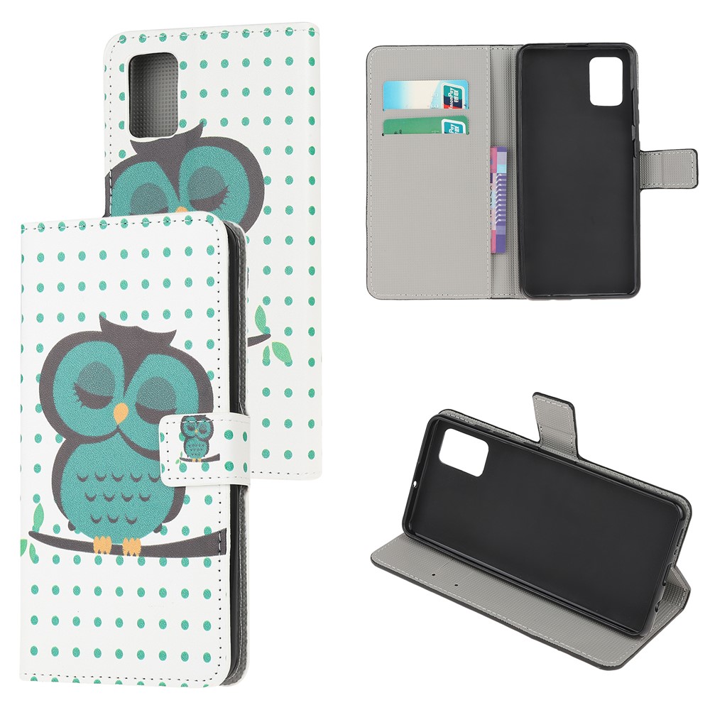For Samsung Galaxy A51 Pattern Printing Wallet Leather Cover with Stand - Green Owl-1