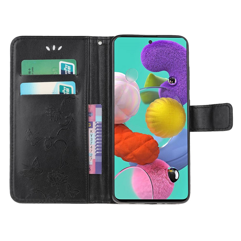 Imprint Butterfly Flower Skin PU Leather Flip Cell Case for Samsung Galaxy A51 - Black-5