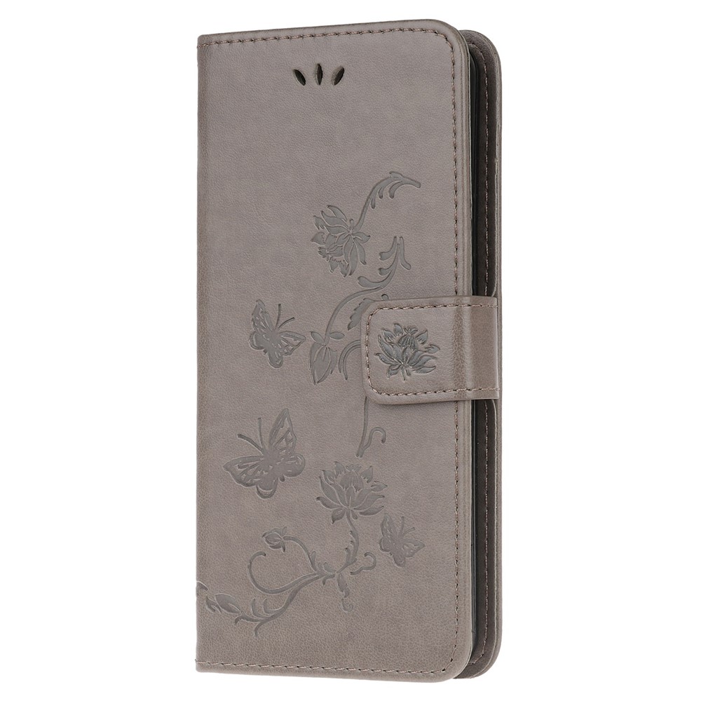 Imprint Butterfly Flower Skin PU Leather Flip Cell Case for Samsung Galaxy A51 - Grey-2