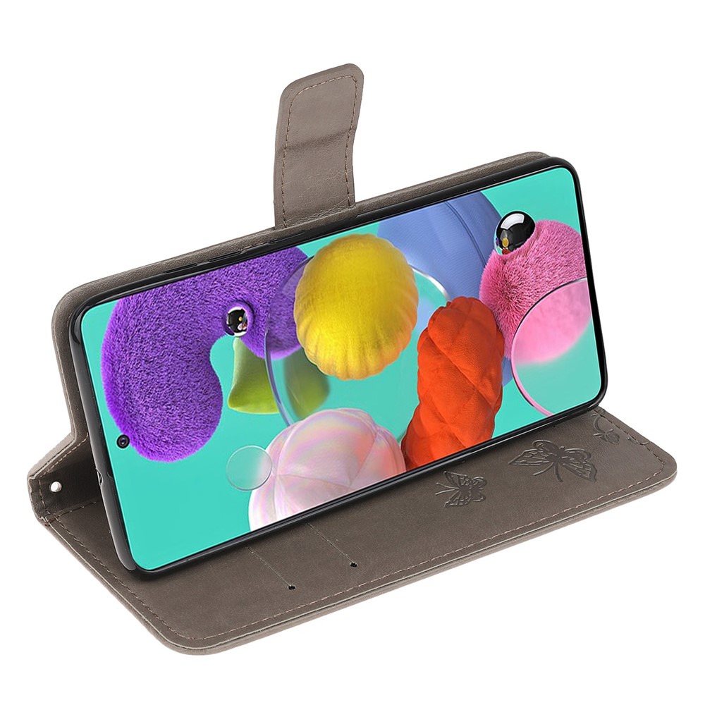 Imprint Butterfly Flower Skin PU Leather Flip Cell Case for Samsung Galaxy A51 - Grey-4