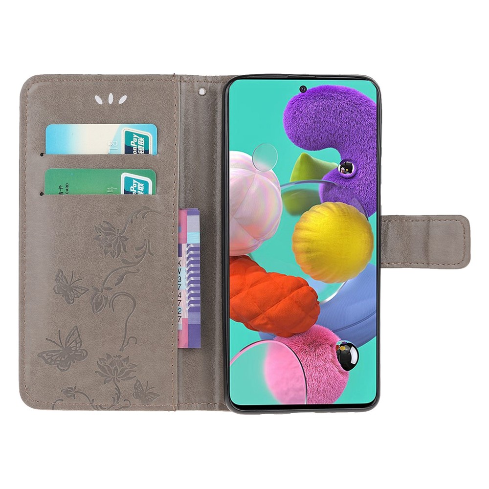 Imprint Butterfly Flower Skin PU Leather Flip Cell Case for Samsung Galaxy A51 - Grey-5