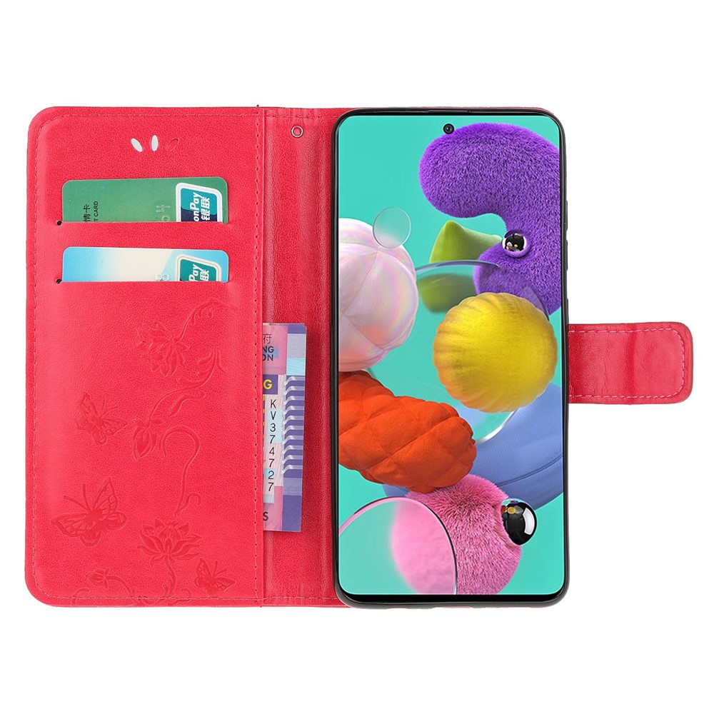 Imprint Butterfly Flower Skin PU Leather Flip Cell Case for Samsung Galaxy A51 - Red-5