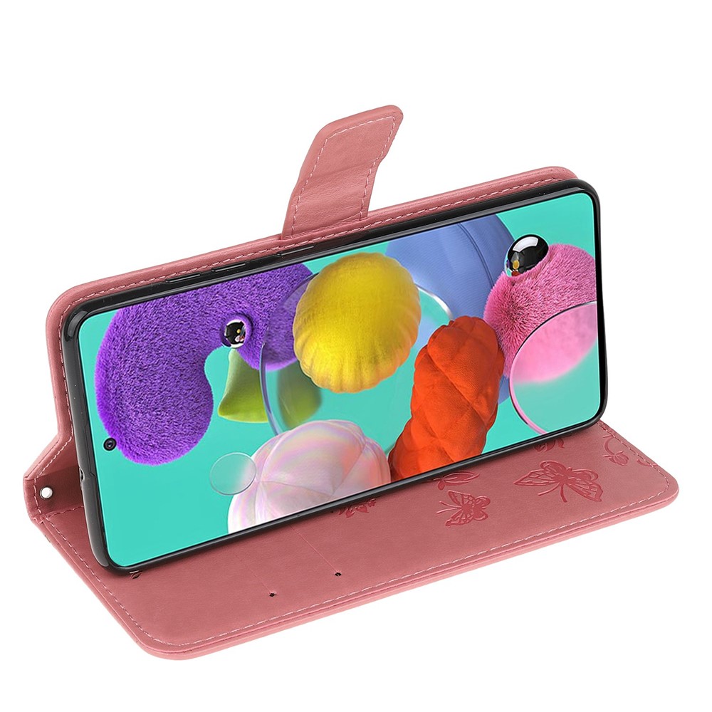 Imprint Butterfly Flower Skin PU Leather Flip Cell Case for Samsung Galaxy A51 - Pink-4