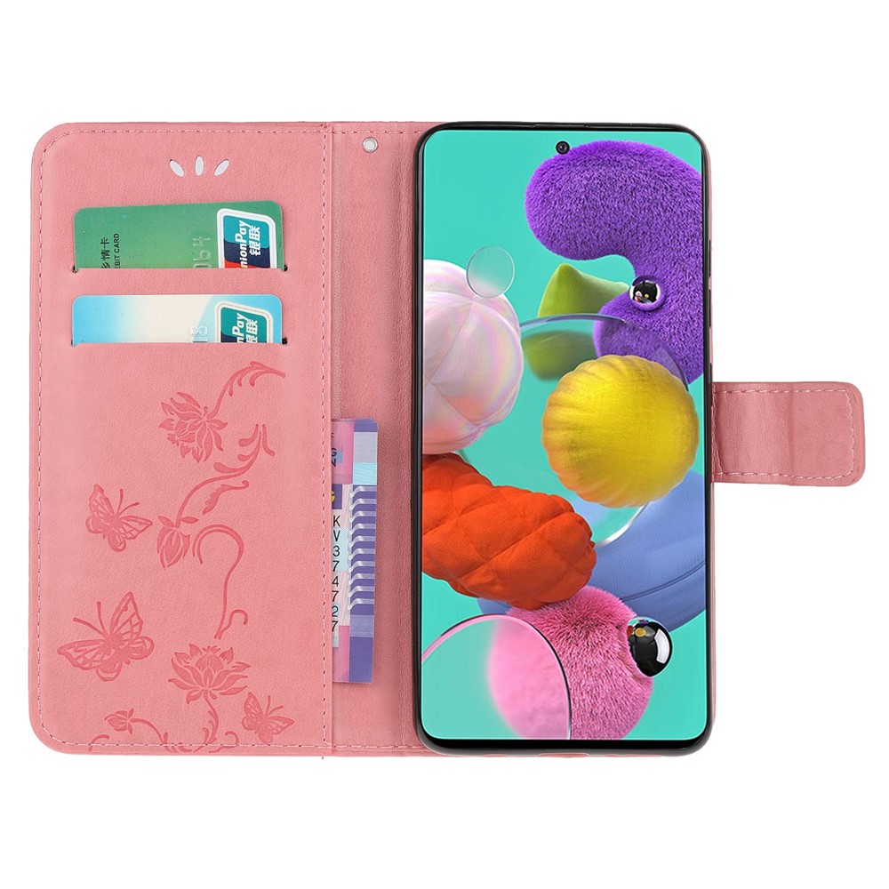 Imprint Butterfly Flower Skin PU Leather Flip Cell Case for Samsung Galaxy A51 - Pink-5