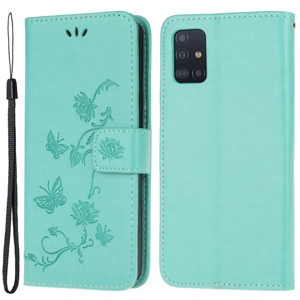 Imprint Butterfly Flower Skin PU Leather Flip Cell Case for Samsung Galaxy A51 - Green-1