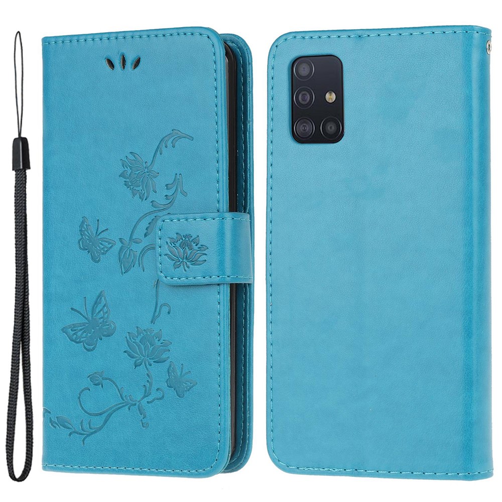 Imprint Butterfly Flower Skin PU Leather Flip Cell Case for Samsung Galaxy A51 - Blue-1