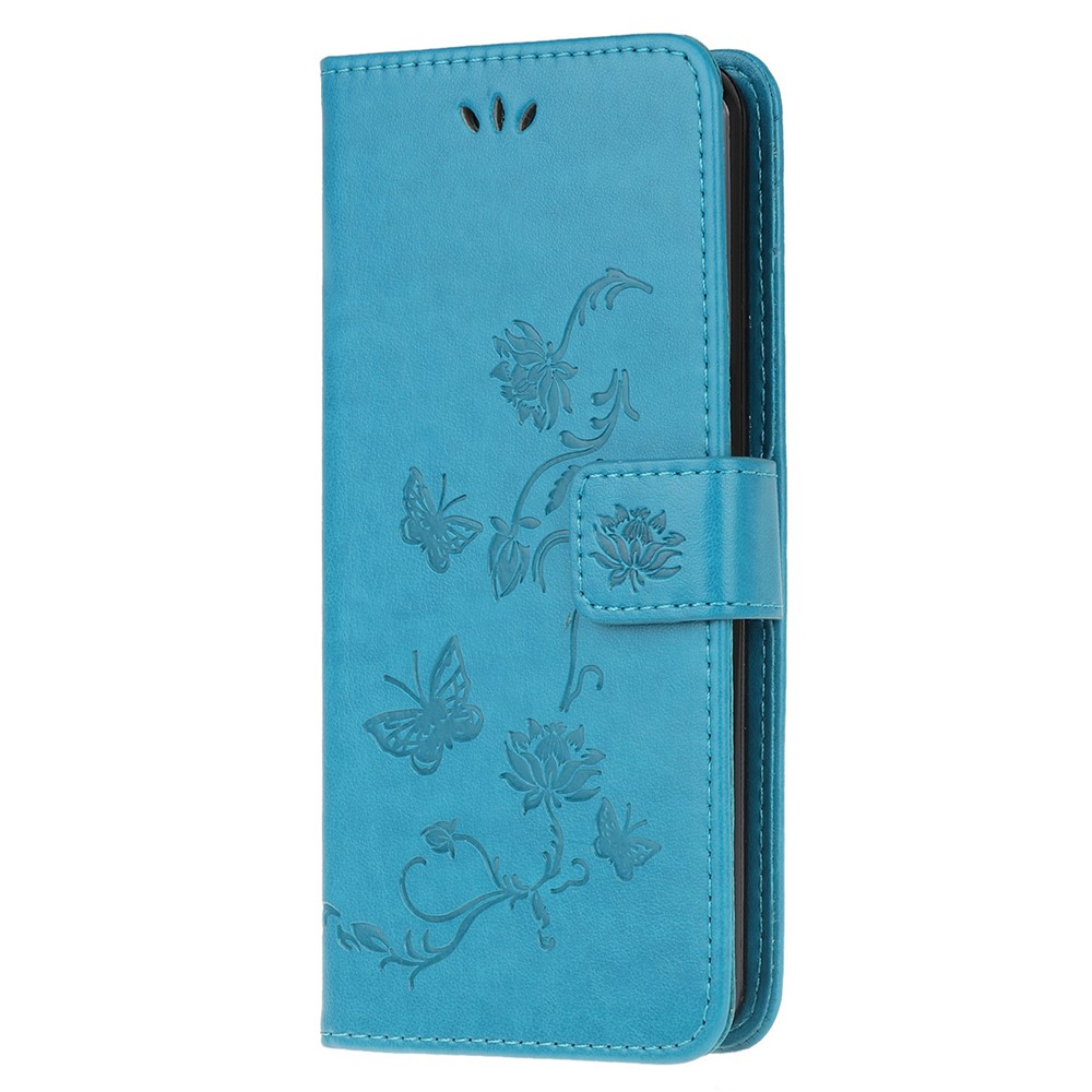 Imprint Butterfly Flower Skin PU Leather Flip Cell Case for Samsung Galaxy A51 - Blue-2