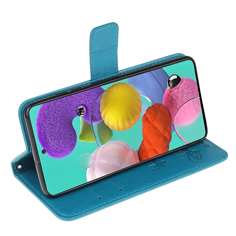 Imprint Butterfly Flower Skin PU Leather Flip Cell Case for Samsung Galaxy A51 - Blue-4