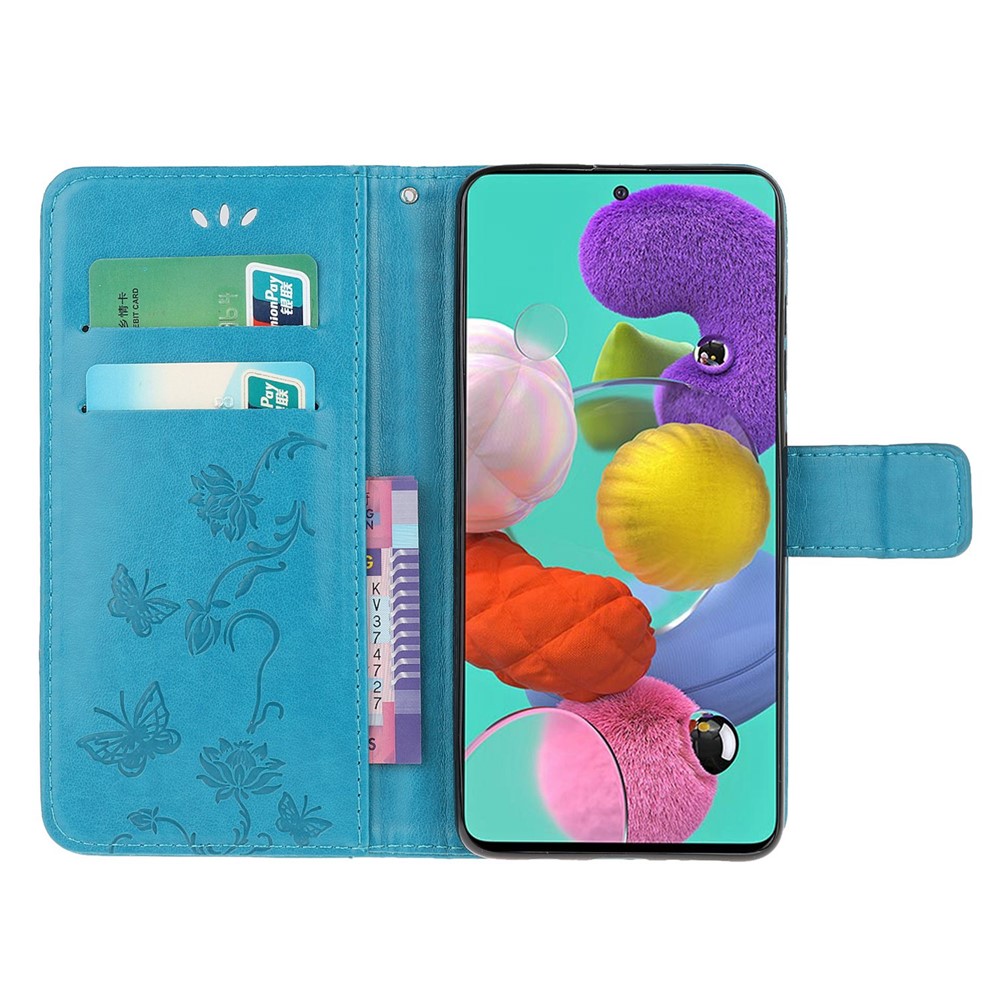 Imprint Butterfly Flower Skin PU Leather Flip Cell Case for Samsung Galaxy A51 - Blue-5