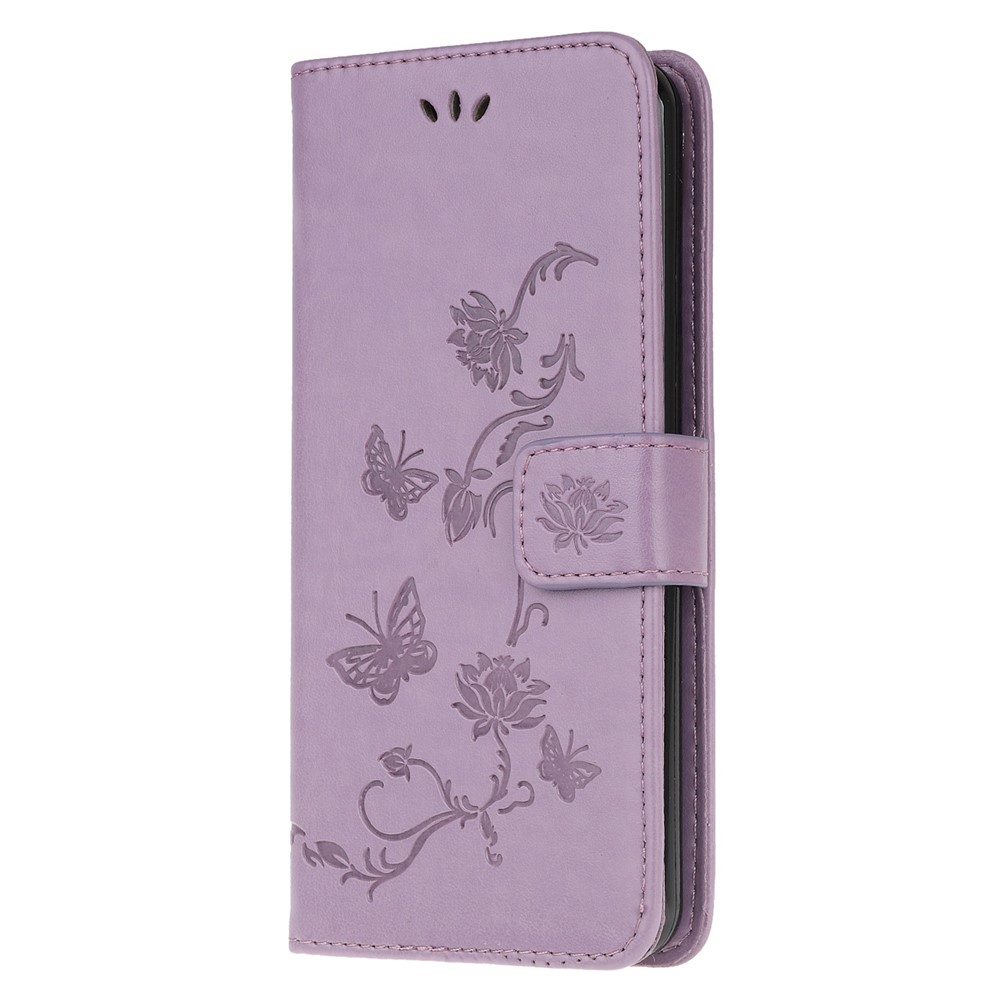 Imprint Butterfly Flower Skin PU Leather Flip Cell Case for Samsung Galaxy A51 - Light Purple-2