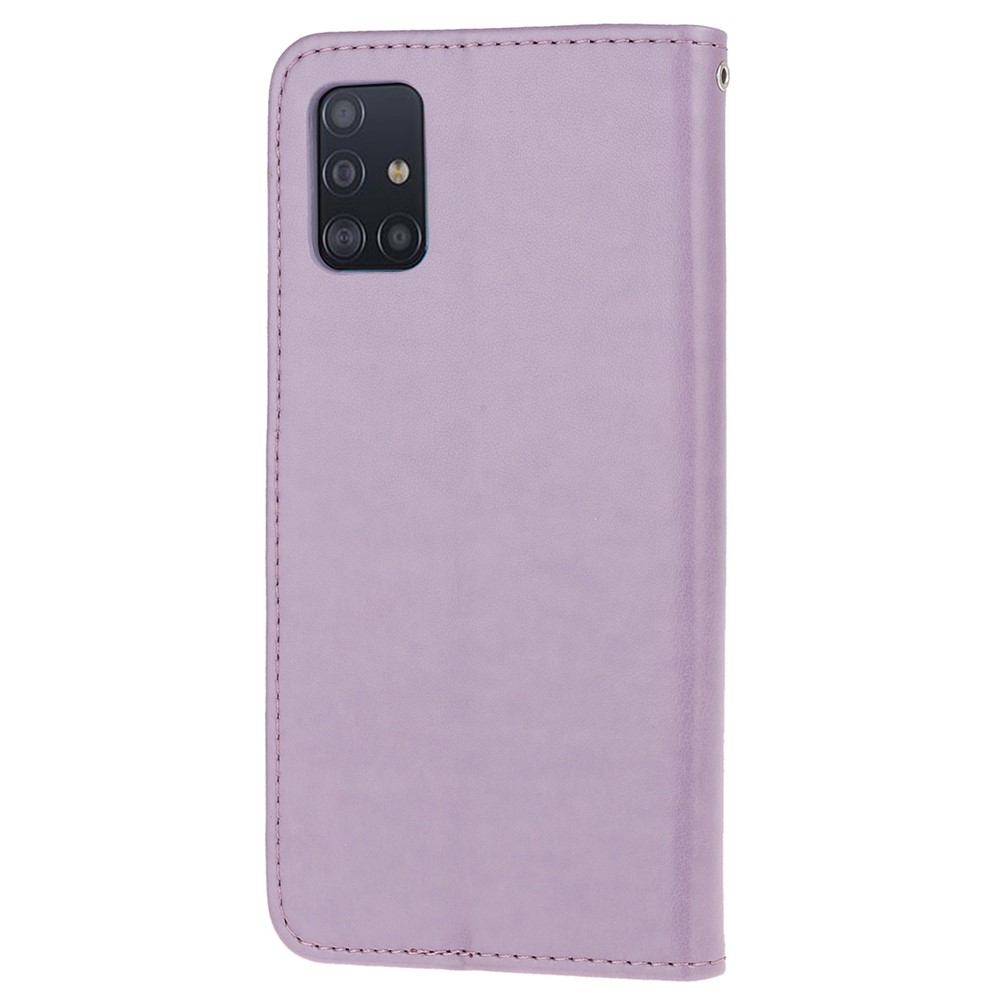 Imprint Butterfly Flower Skin PU Leather Flip Cell Case for Samsung Galaxy A51 - Light Purple-3