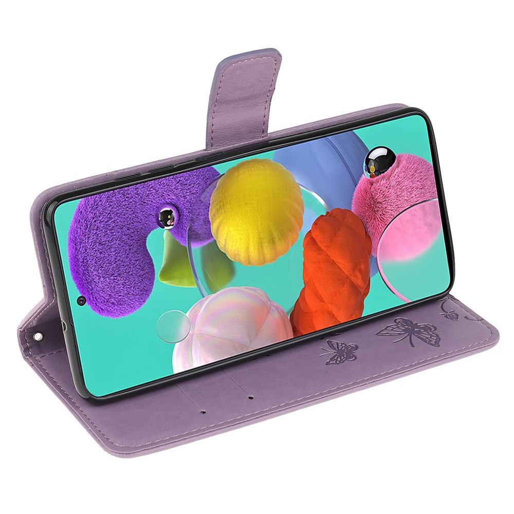 Imprint Butterfly Flower Skin PU Leather Flip Cell Case for Samsung Galaxy A51 - Light Purple-4