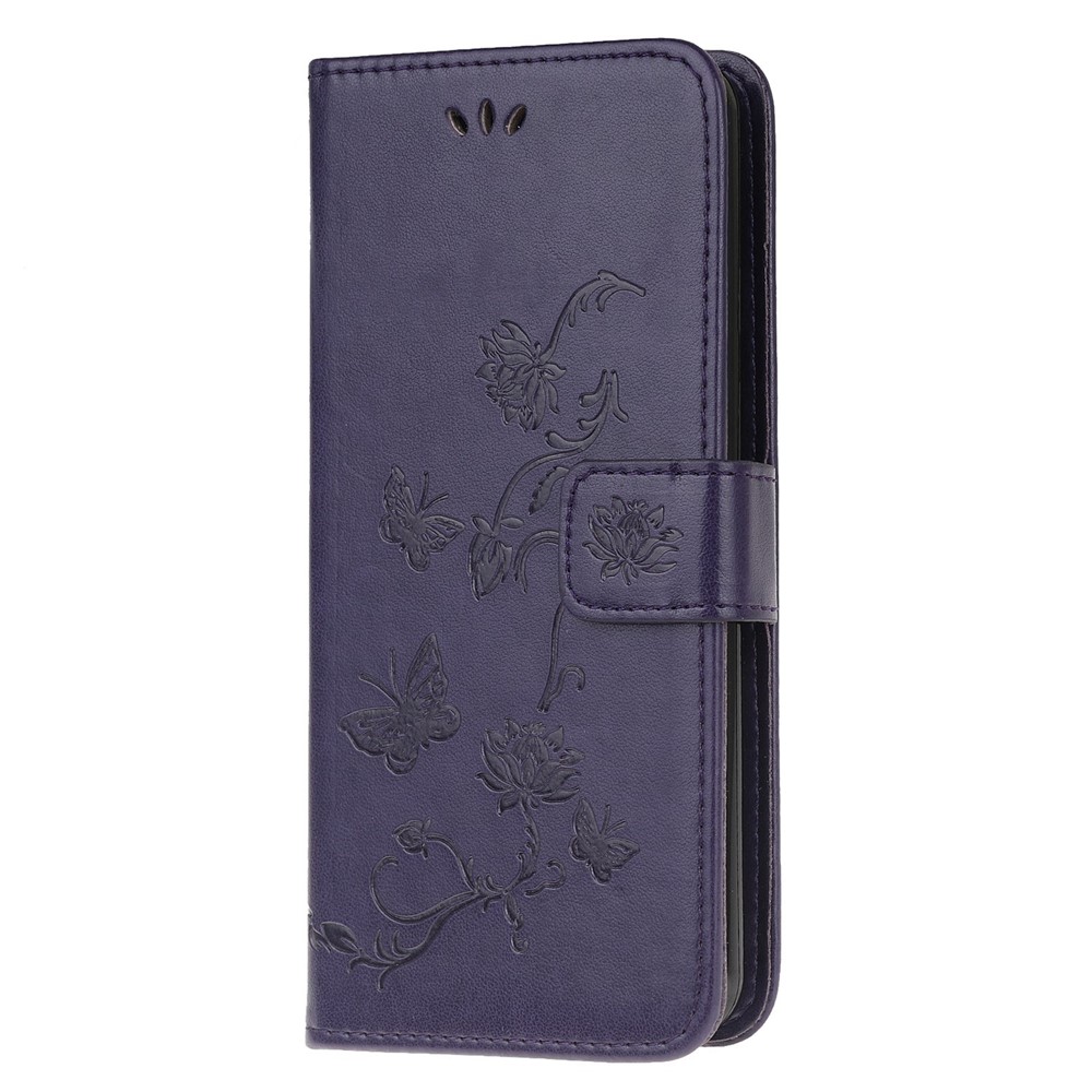 Imprint Butterfly Flower Skin PU Leather Flip Cell Case for Samsung Galaxy A51 - Dark Purple-2