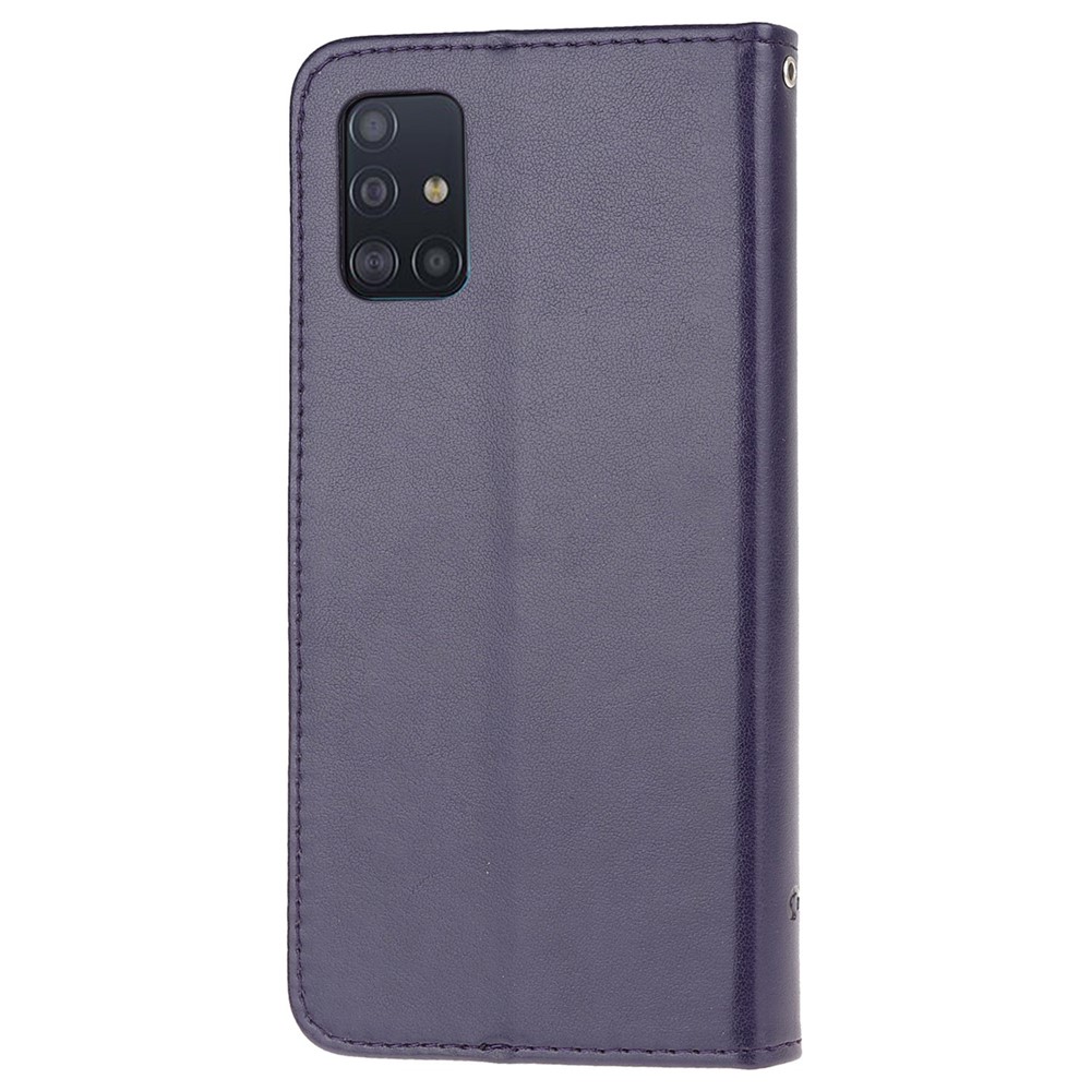 Imprint Butterfly Flower Skin PU Leather Flip Cell Case for Samsung Galaxy A51 - Dark Purple-3