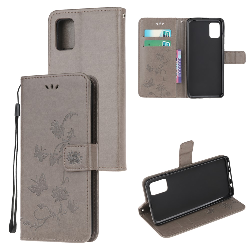 Imprint Butterfly Flower Surface PU Leather Flip Case for Samsung Galaxy A71 - Grey-1