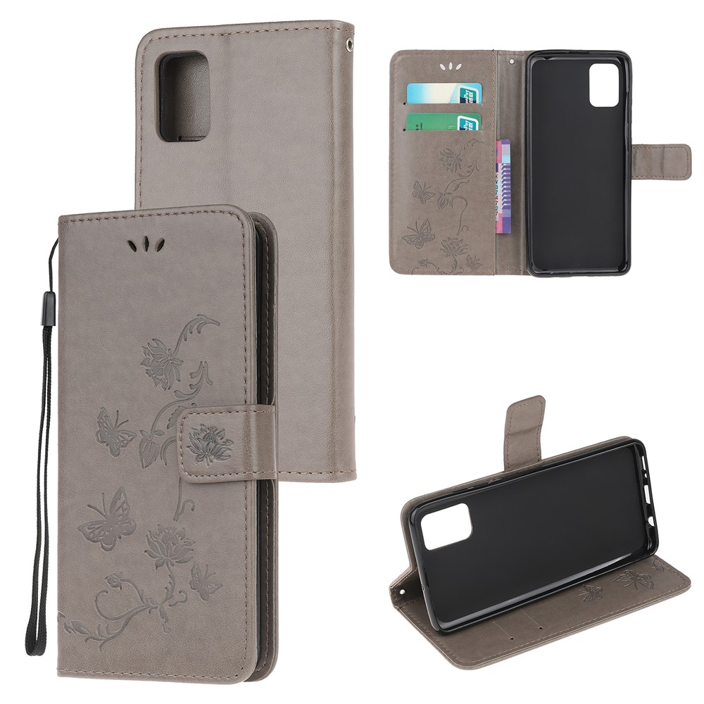 Impresión de la Superficie de Flores de Mariposa PU Case de Cuero Para Samsung Galaxy A71 - Gris