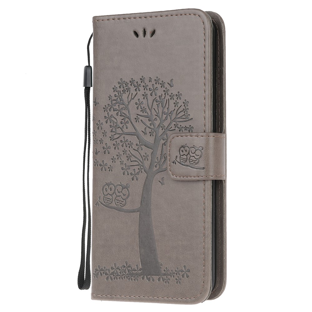 Pour Samsung Galaxy A51 Imprint Tree Chowl Portefeuille Couioir de Protection en Cuir - Gris-2