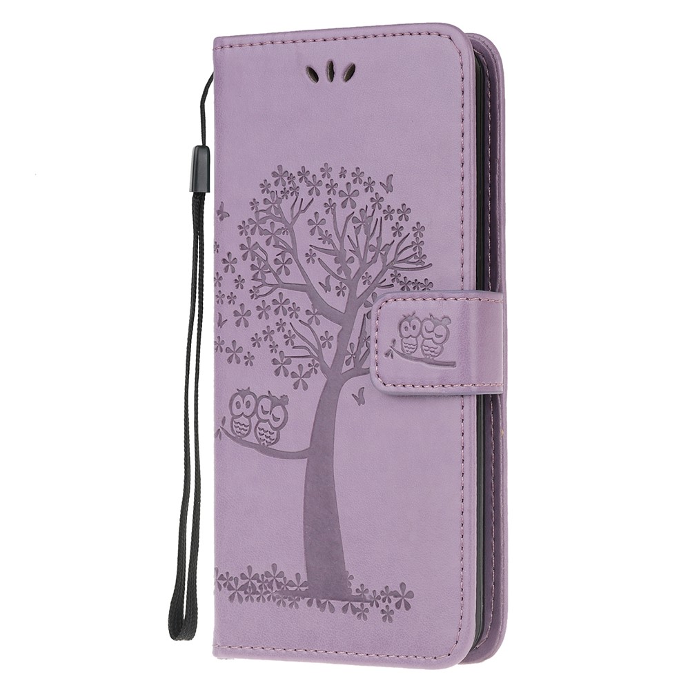 Pour Samsung Galaxy A51 Imprint Tree Chowl Portefeuille Couioir de Protection en Cuir - Violet Clair