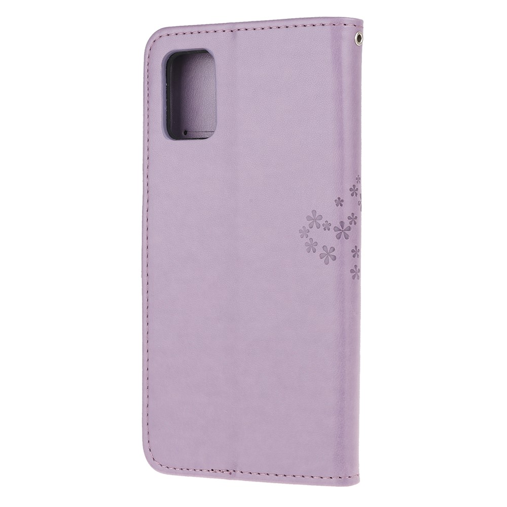 Per Samsung Galaxy A51 Imprint Tree Owl Wallet Casella Protettiva in Pelle - Viola Chiaro