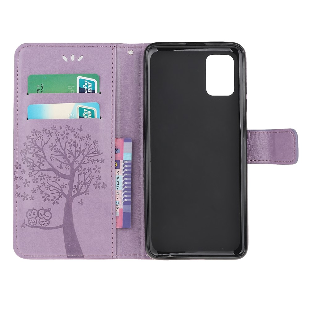 Pour Samsung Galaxy A51 Imprint Tree Chowl Portefeuille Couioir de Protection en Cuir - Violet Clair