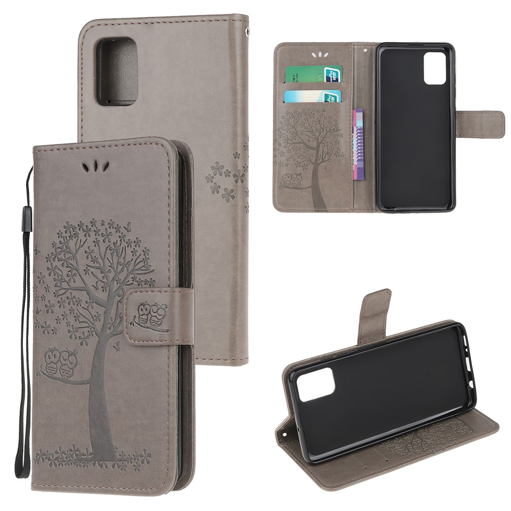 Imprint Tree Owl Leather Wallet Stand Phone Shell for Samsung Galaxy A71 - Grey-1