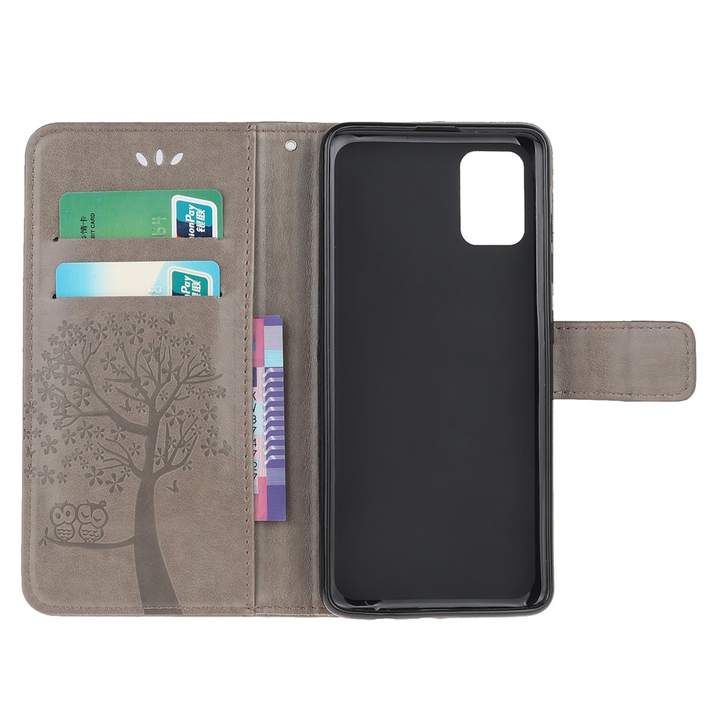 Imprint Tree Owl Leather Wallet Stand Phone Shell for Samsung Galaxy A71 - Grey-5