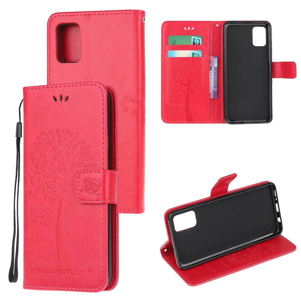 Imprint Tree Owl Leather Wallet Stand Phone Shell for Samsung Galaxy A71 - Red-1