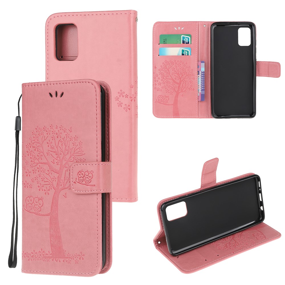 Imprint Tree Owl Leather Wallet Stand Phone Shell for Samsung Galaxy A71 - Pink-1