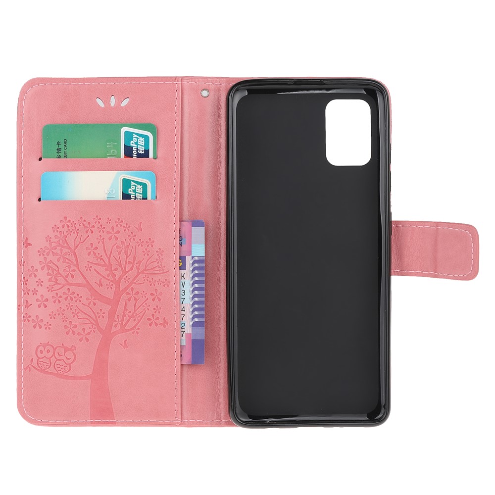 Imprint Tree Owl Leather Wallet Stand Phone Shell for Samsung Galaxy A71 - Pink-5